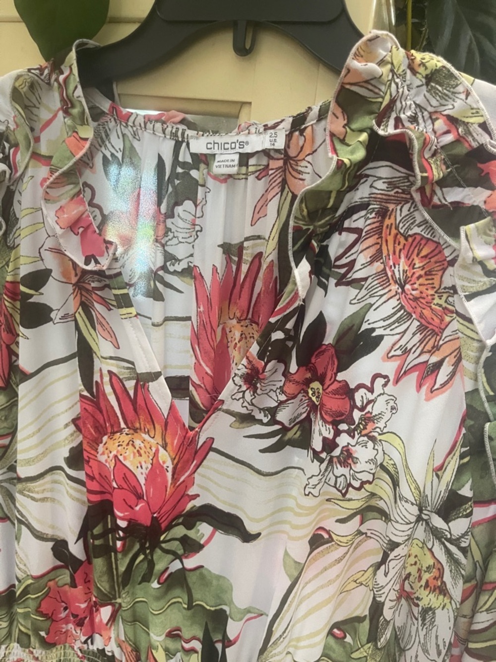 Chico's Tropical Floral Ruffle V-Neck Blouse - White, Pink & Green